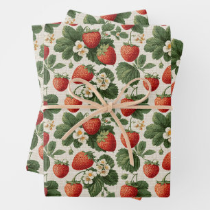 Vintage Strawberry Pattern with Blossoms Wrapping Paper Sheets