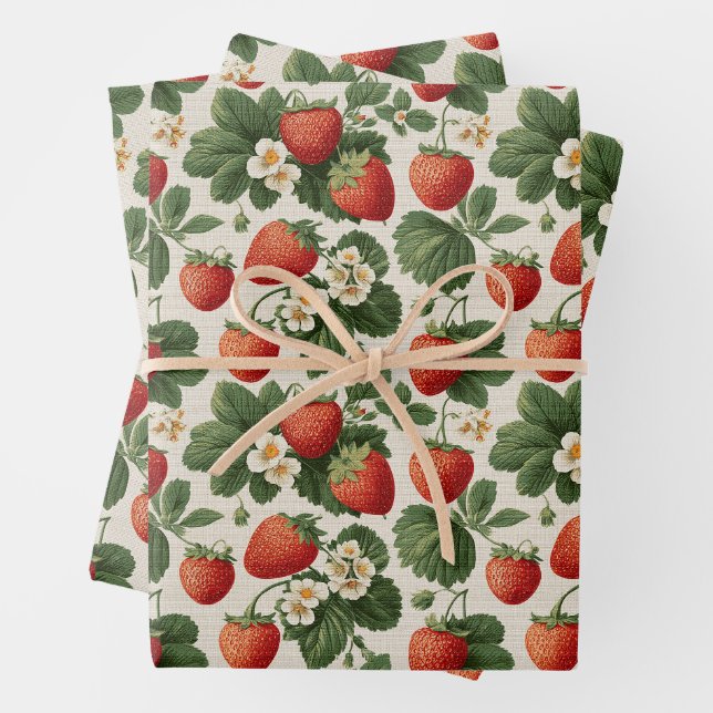 Vintage Strawberry Pattern with Blossoms Wrapping Paper Sheets (In situ)
