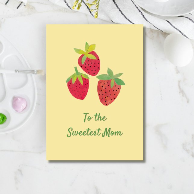 Vintage Strawberry Personalized Mothers Day Card ("To the Sweetest Mom" appears beneath collage strawberry art on a buttercream background.)