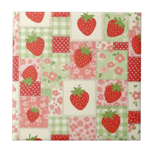Vintage Strawberry Picnic Patchwork Pattern Ceramic Tile