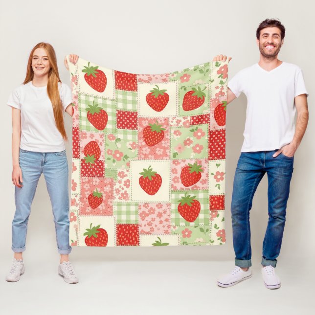 Vintage Strawberry Picnic Patchwork Pattern Fleece Blanket (In Situ)