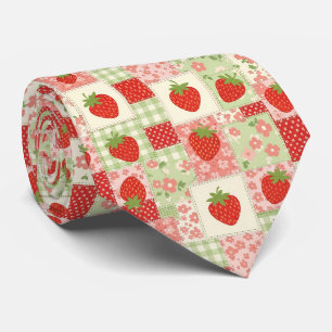 Vintage Strawberry Picnic Patchwork Pattern Neck Tie