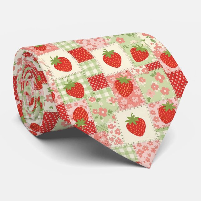 Vintage Strawberry Picnic Patchwork Pattern Neck Tie (Rolled)