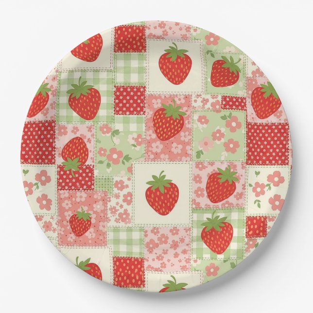 Vintage Strawberry Picnic Patchwork Pattern Paper Plates (Front)