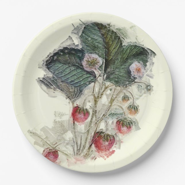 Vintage Strawberry Plant and Blossoms Paper Plates (Front)