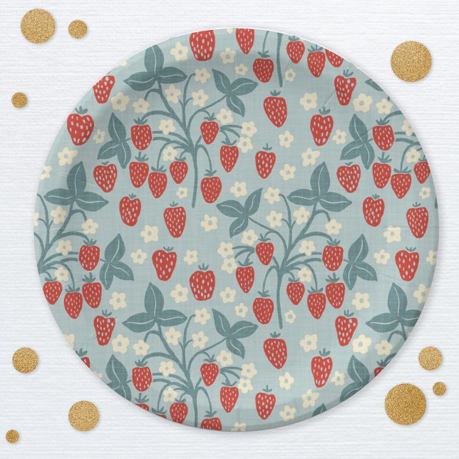 Vintage Strawberry Plant Pattern Paper Plates (Vintage strawberry plant pattern heritage revival party paper plates)