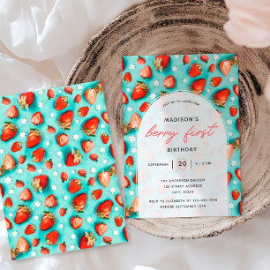 Vintage Strawberry Retro Berry First 1st Birthday Invitation