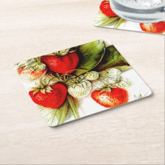 Vintage strawberry square paper coaster