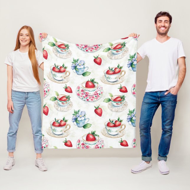 Vintage Strawberry Teacup Floral Pattern Fleece Blanket (In Situ)