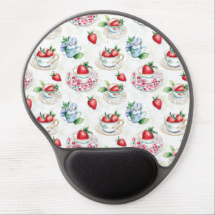 Vintage Strawberry Teacup Floral Pattern Gel Mouse Pad