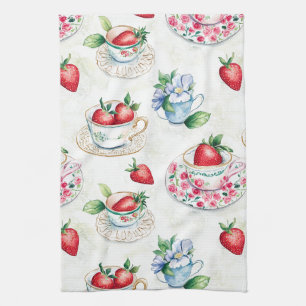 Vintage Strawberry Teacup Floral Pattern Kitchen Towel