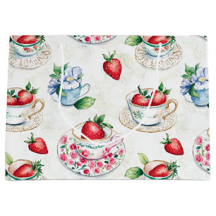 Vintage Strawberry Teacup Floral Pattern Large Gift Bag