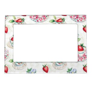 Vintage Strawberry Teacup Floral Pattern Magnetic Frame