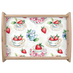 Vintage Strawberry Teacup Floral Pattern Serving Tray