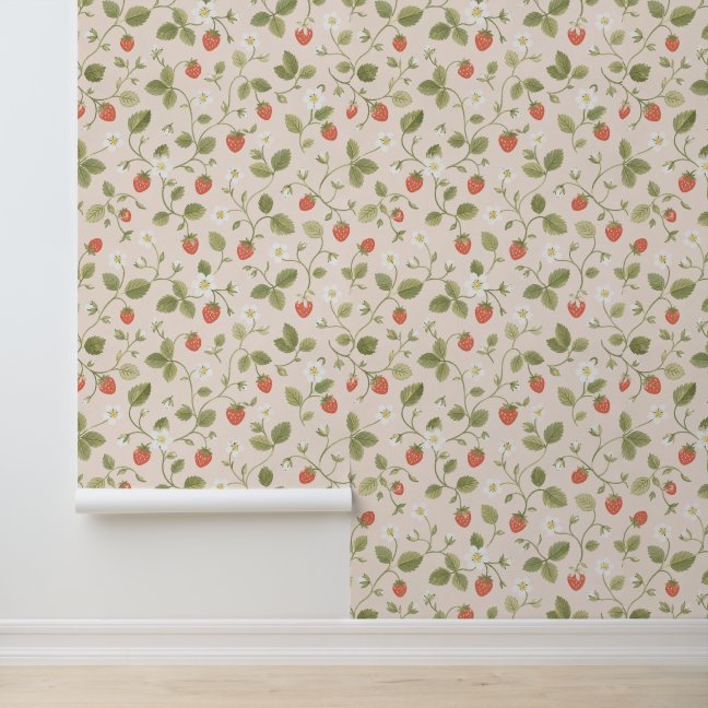 Vintage Strawberry Vine Pattern in Soft Pink Wallpaper