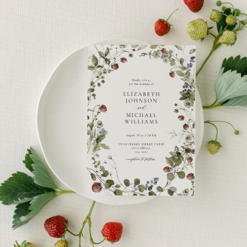 Vintage Strawberry Watercolor Summer Wedding Invitation