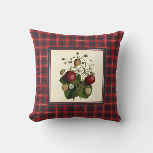 Vintage Strawberry with Fraser Tartan Border Throw Pillow