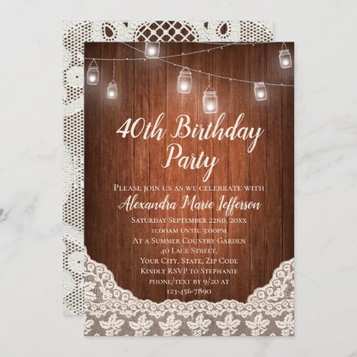 Vintage String Light Mason Jar 40th Birthday Party Invitation