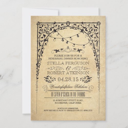 vintage string lights arch old rehearsal dinner invitation