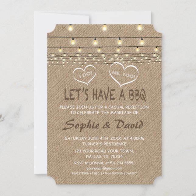 Vintage String Lights Burlap I DO BBQ Invitation (Front)