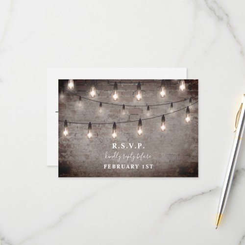 Vintage String Lights Industrial Brick Wedding RSVP Card