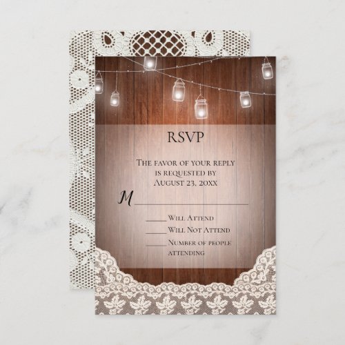 Vintage String Lights Mason Jar Lace RSVP Reply Invitation