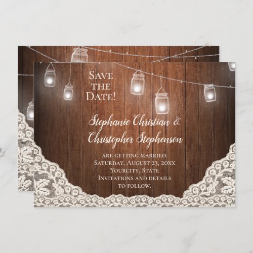 Vintage String Lights Mason Jar Lace Save the Date Invitation