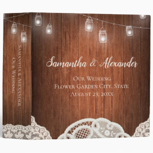 Vintage String Lights Mason Jar Lace Wood Wedding 3 Ring Binder