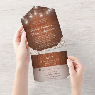 Vintage String Lights Mason Jar Lace Wood Wedding  All In One Invitation
