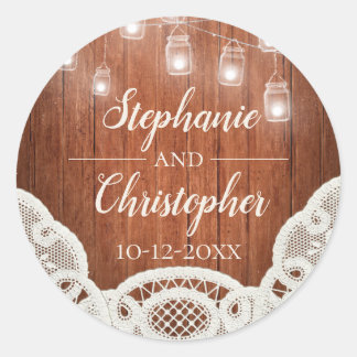 Vintage String Lights Mason Jar Lace Wood Wedding Classic Round Sticker
