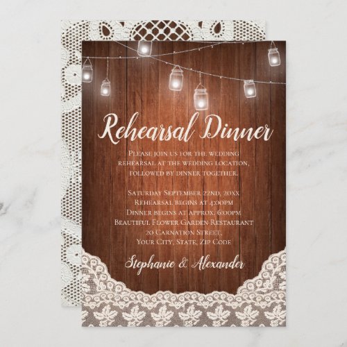 Vintage String Lights Mason Jar Lace Wood Wedding Invitation