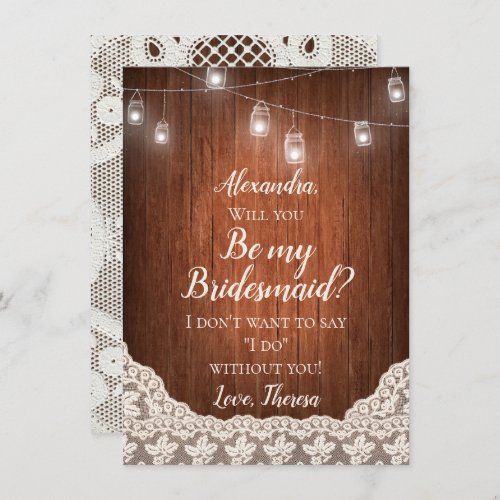 Vintage String Lights Mason Jar Lace Wood Wedding Invitation