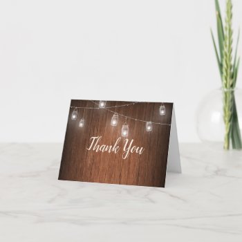 Vintage String Lights Mason Jar Lace Wood Wedding Thank You Card by CustomInvites at Zazzle