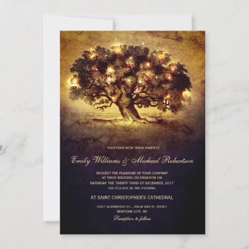 Vintage String Lights Oak Tree Country Wedding Invitation - Vintage string lights / twinkle lights old oak tree on grunge background rustic country wedding invitation for summer, fall, spring or winter wedding! Perfect design for the country wedding. contact me for any design customization.