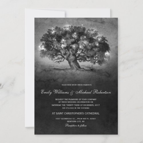 Vintage String Lights Oak Tree Country Wedding Invitation - Vintage string lights / twinkle lights black and white old oak tree on grunge background rustic country wedding invitation for summer, fall, spring or winter wedding! Perfect design for the country wedding. contact me for any design customization.