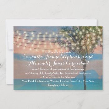 Vintage String Lights Sunset Beach Wedding Invitation by CustomInvites at Zazzle