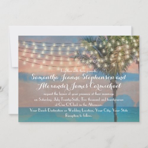 Vintage String Lights Sunset Beach Wedding Invitation