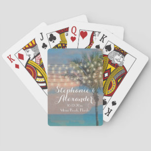 Vintage String Lights Sunset Beach Wedding Poker Cards