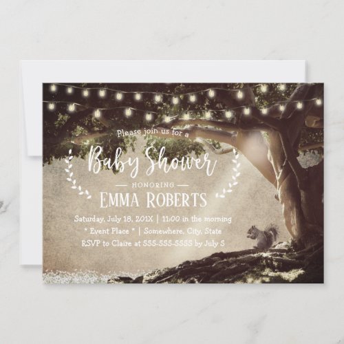 Vintage String Lights Tree  Squirrel Baby Shower Invitation