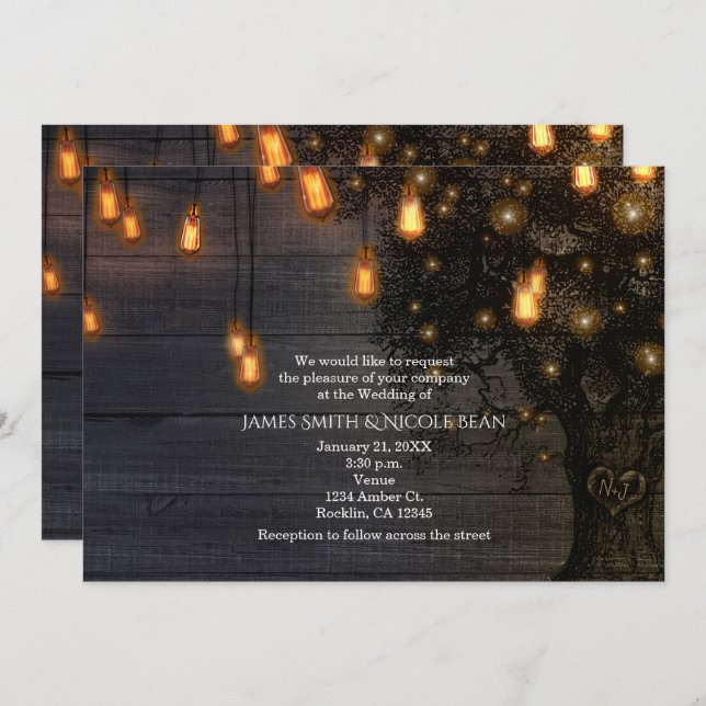 Vintage String Lights & Tree Wedding Invitations (Front/Back)