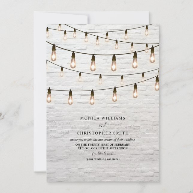 Vintage String Lights White Brick Virtual Invitation (Front)