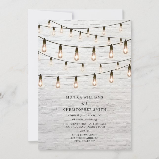 Vintage String Lights White Brick Wedding Invitation (Front)