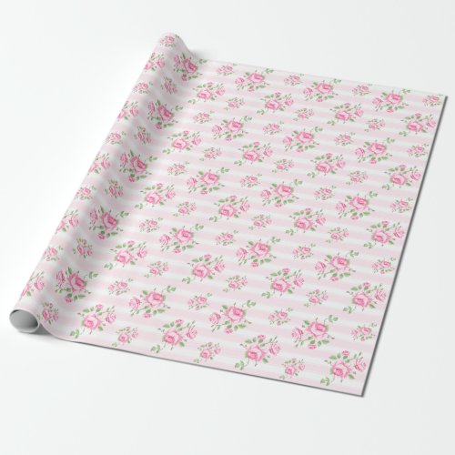 Vintage stripe and  floral roses classic pale pink wrapping paper