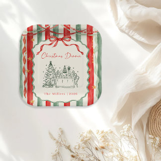 Vintage Stripe Bow Christmas Dinner Paper Plates