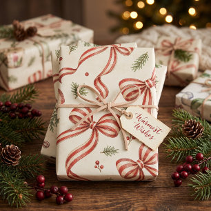 Vintage Stripe Bow Evergreen Christmas Wrapping Paper Sheets