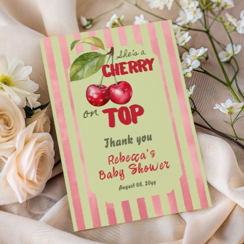 Vintage Stripe Cherry Garden Baby Shower Thank You Card
