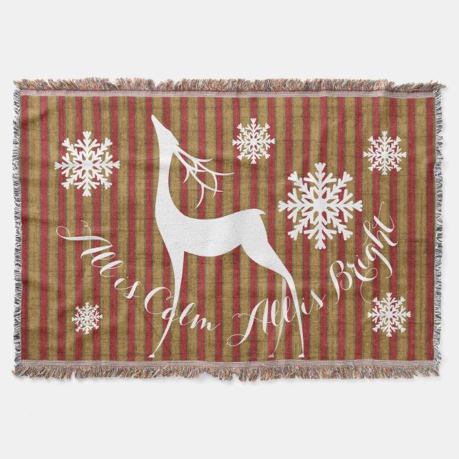 Vintage Stripe Holiday Deer Throw Throw Blanket (Front)