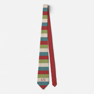 Vintage Stripe Pattern Red Green Blue Initials Neck Tie