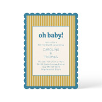 Vintage Stripe Scallop Blue Yellow Baby Shower Invitation