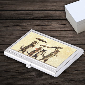 Vintage Striped Cats Umbrellas Dancing Snow Business Card Holder